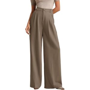 ELLEVEN Women’s Business Casual Wide Leg Dress Pants, High Elastic Waisted Trousers with Pockets(Brown)