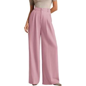 ELLEVEN Women’s Business Casual Wide Leg Dress Pants, High Elastic Waisted Trousers with Pockets(Pink)