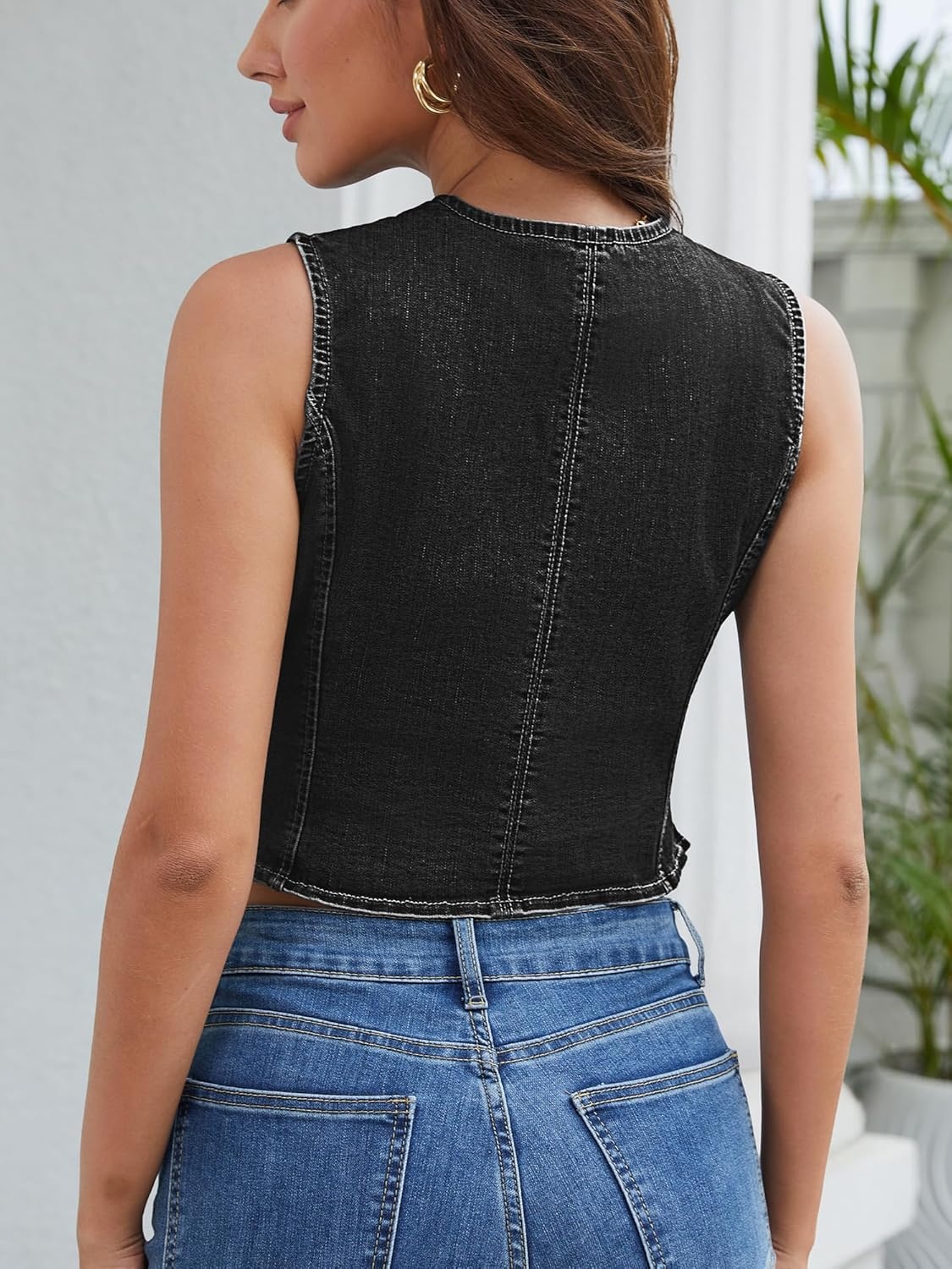 image:imageELLEVEN Denim Vest Top for women Summer Western Jean Vest Crop Tank Top VNeck Fitted Waistcoat Button Up Cowgirl Slim Fit Sexy Country Concert Trendy Outfit Denim Black XLarge