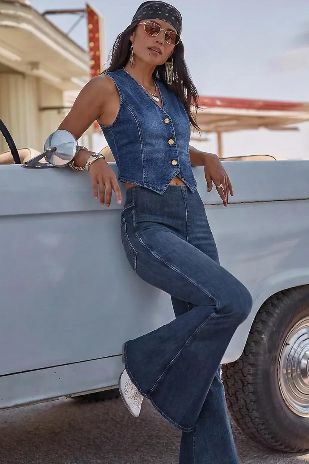 image:imageELLEVEN Denim Vest Top for women Summer Western Jean Vest Crop Tank Top VNeck Fitted Waistcoat Button Up Cowgirl Slim Fit Sexy Country Concert Trendy Outfit Denim Blue XXLarge