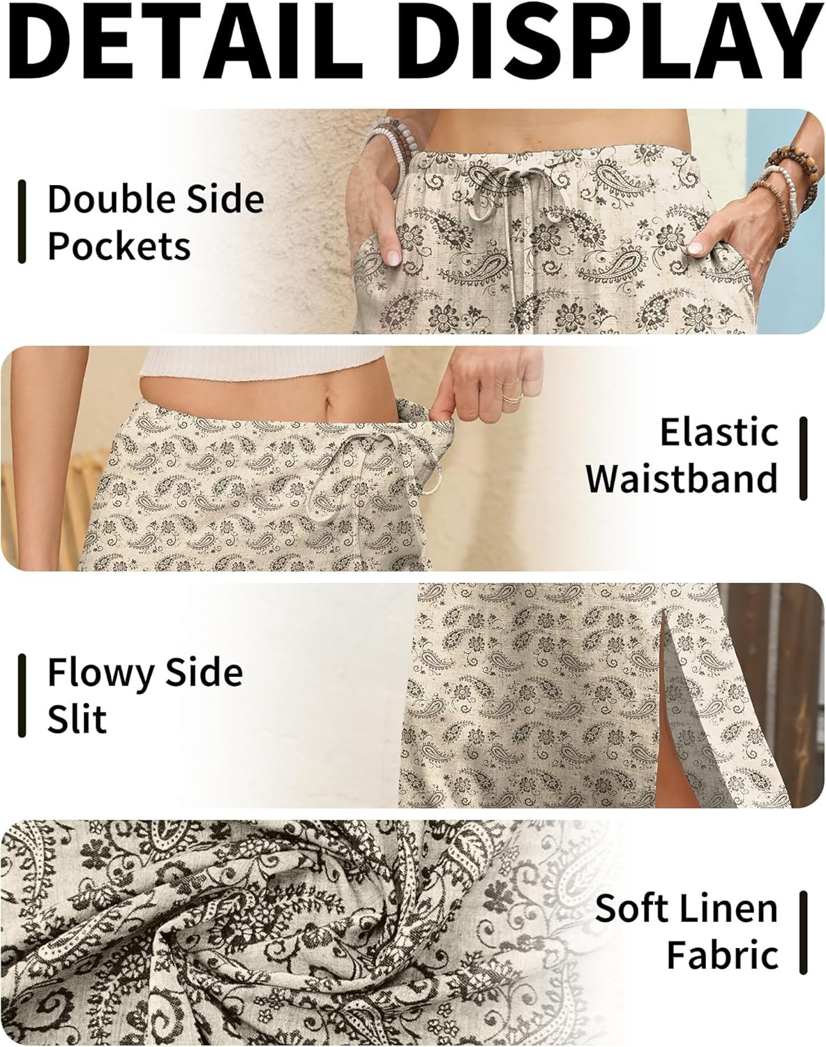image:imageELLEVEN Linen Straight Maxi Skirt with Side Slit Elastic Waist Drawstring Long Flowy AnkleLength Skirt with PocketsPaisley Print