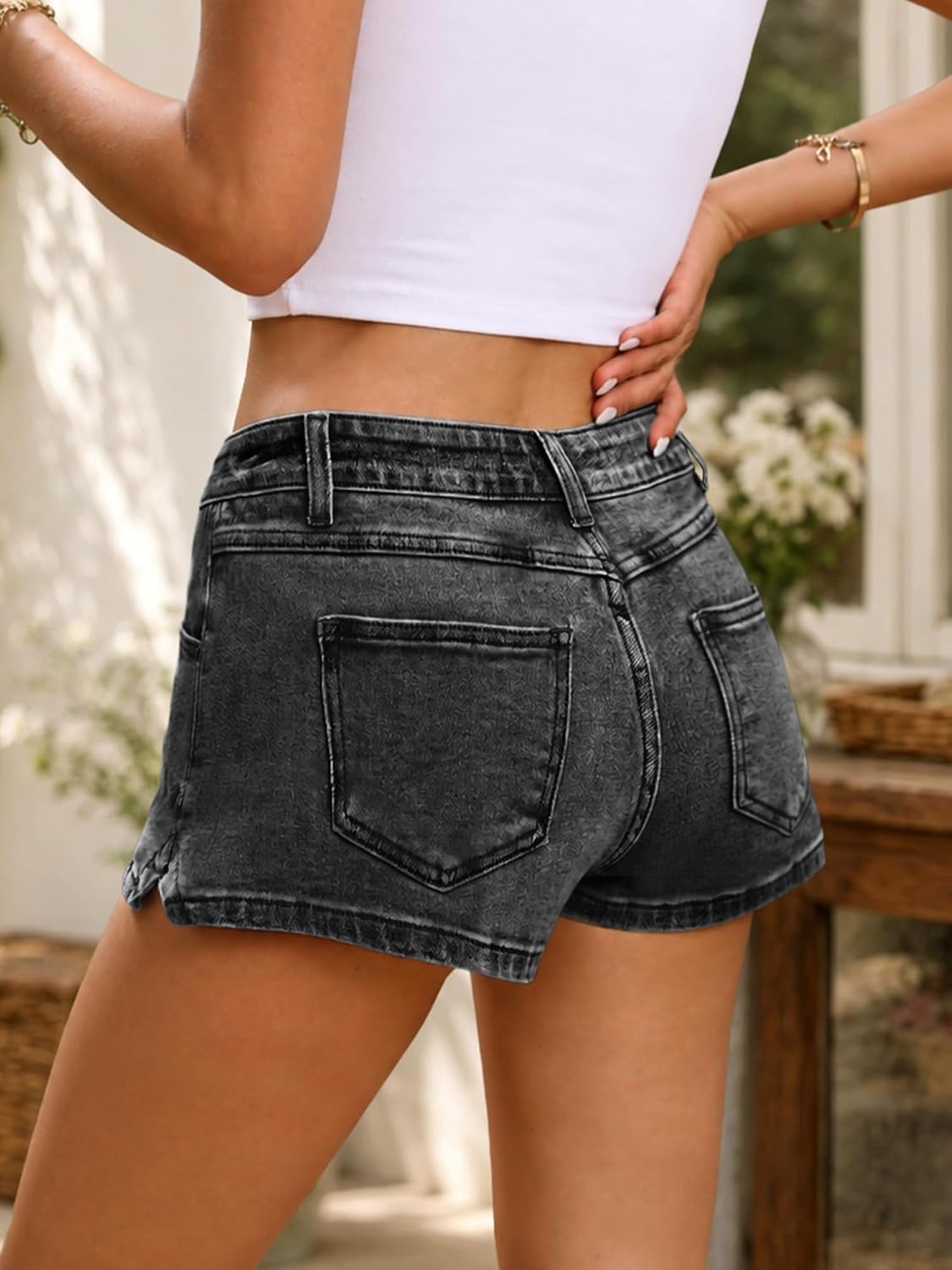 image:imageELLEVEN Low Rise Denim Shorts for Women Y2K Street Micro Jean Shorts with Side Slit for SummerDenim Black