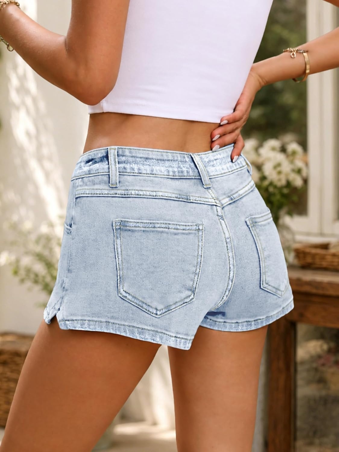 image:imageELLEVEN Low Rise Denim Shorts for Women Y2K Street Micro Jean Shorts with Side Slit for SummerLight Blue