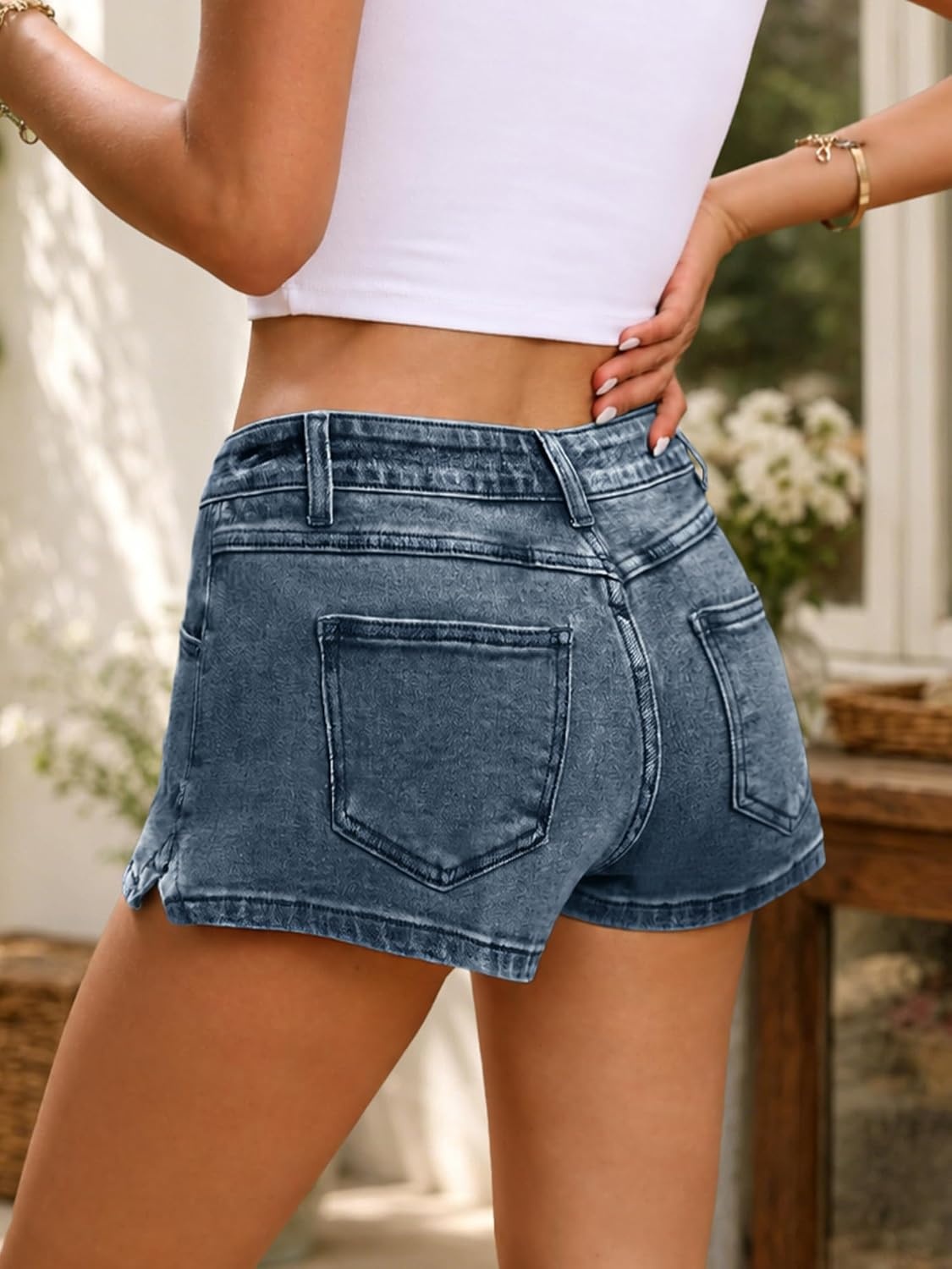 image:imageELLEVEN Low Rise Denim Shorts for Women Y2K Street Micro Jean Shorts with Side Slit for SummerVintage Blue