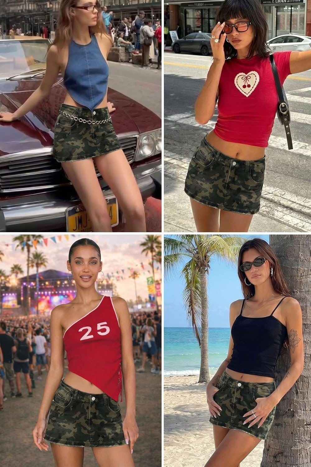 image:imageELLEVEN Mini Denim Skirt with Shorts Underneath Low Rise Raw Hem High Stretchy Jean Skirt Y2K Micro SkortCamo