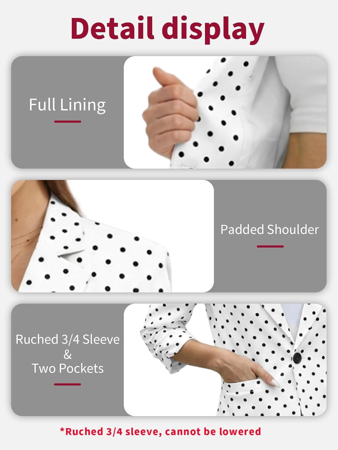 image:imageELLEVEN Womens Ruched 34 Sleeve Blazers Lightweight Slim Fit Jackets with Padded Shoulder for Business CasualWhiteBlack Polka Dot