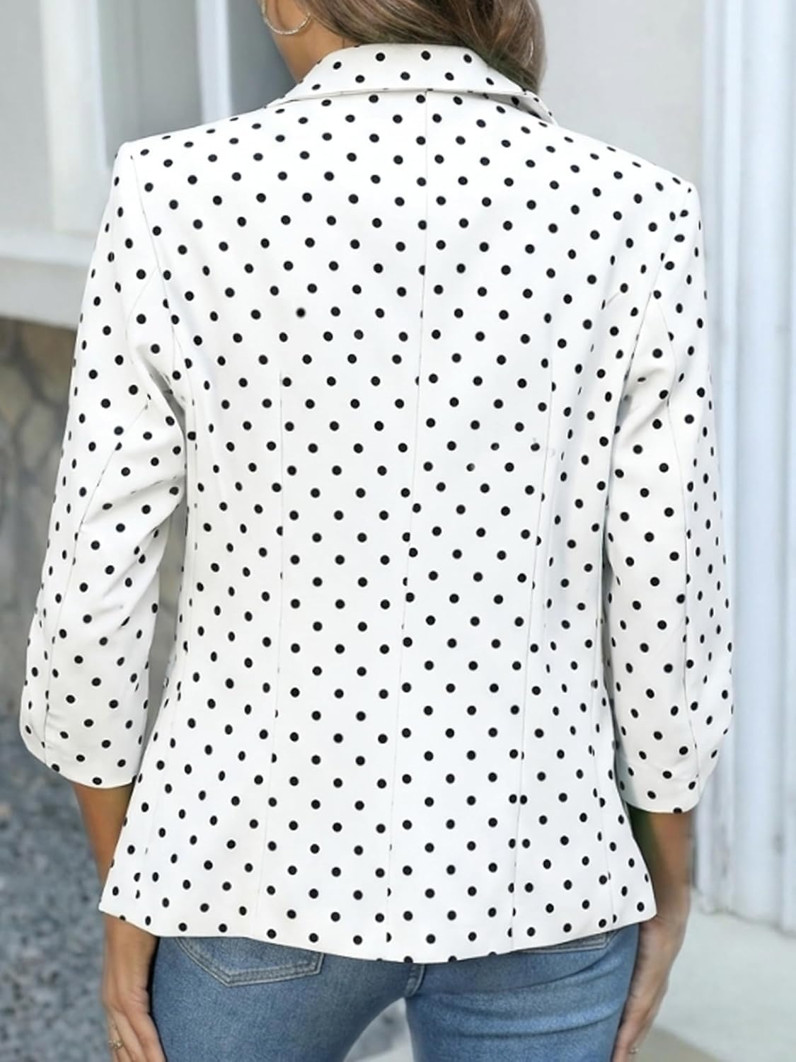 image:imageELLEVEN Womens Ruched 34 Sleeve Blazers Lightweight Slim Fit Jackets with Padded Shoulder for Business CasualWhiteBlack Polka Dot