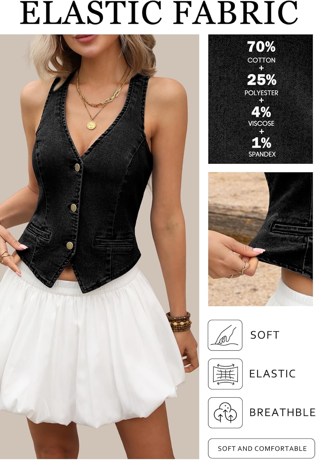 image:imageELLEVEN Womens Summer Cropped Denim Vest High Stretch VNeck Western Country Style Jean Vest with Faux PocketsBlack Denim