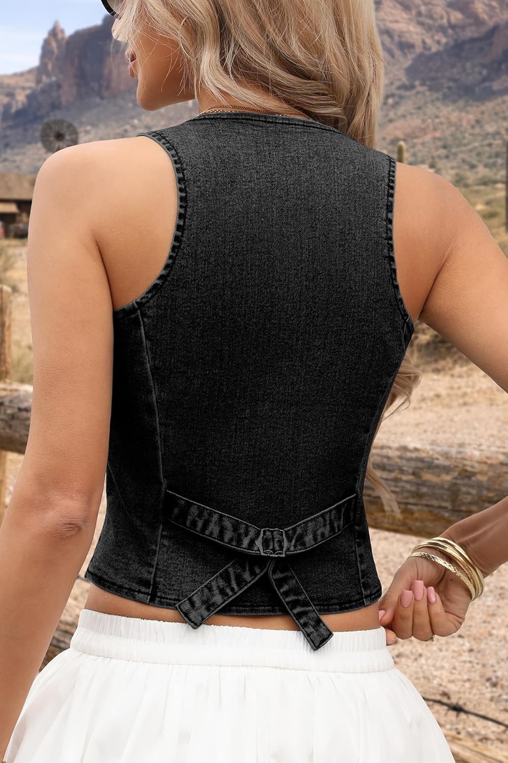 image:imageELLEVEN Womens Summer Cropped Denim Vest High Stretch VNeck Western Country Style Jean Vest with Faux PocketsBlack Denim