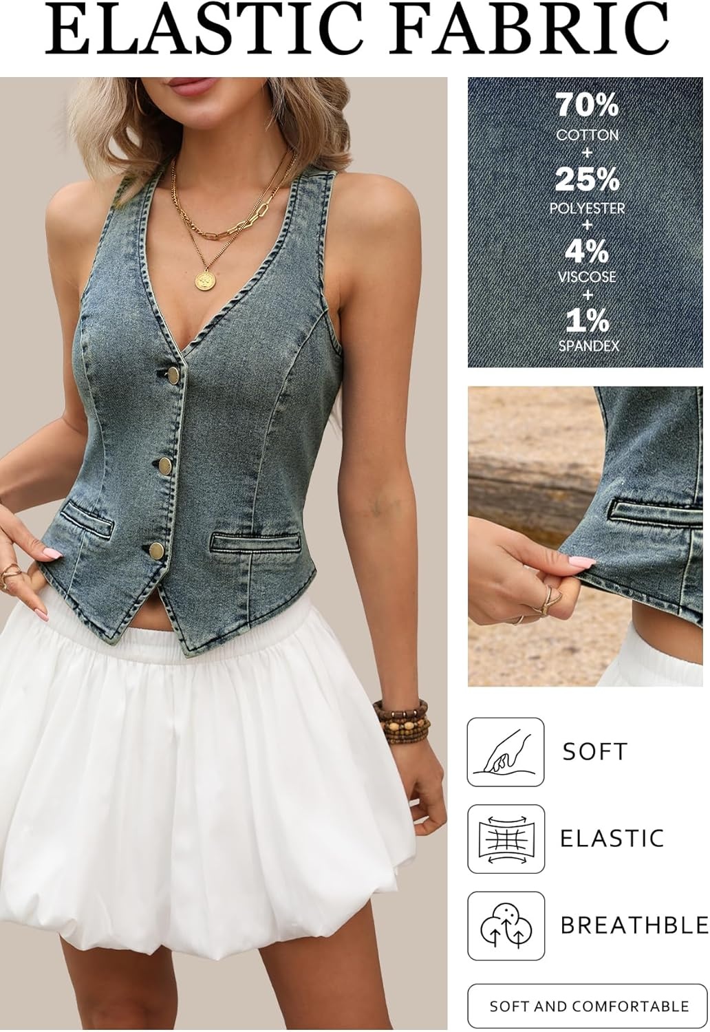 image:imageELLEVEN Womens Summer Cropped Denim Vest High Stretch VNeck Western Country Style Jean Vest with Faux PocketsVintage Denim