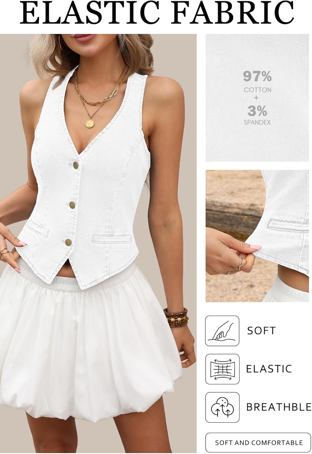 image:imageELLEVEN Womens Summer Cropped Denim Vest High Stretch VNeck Western Country Style Jean Vest with Faux PocketsWhite