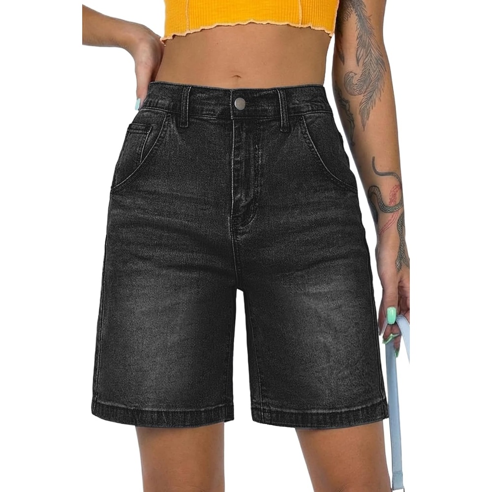 image:imageELLEVEN Womens Jean Bermuda Shorts Baggy Jorts HighWaisted KneeLength Denim Shorts with PocketsBlack Denim