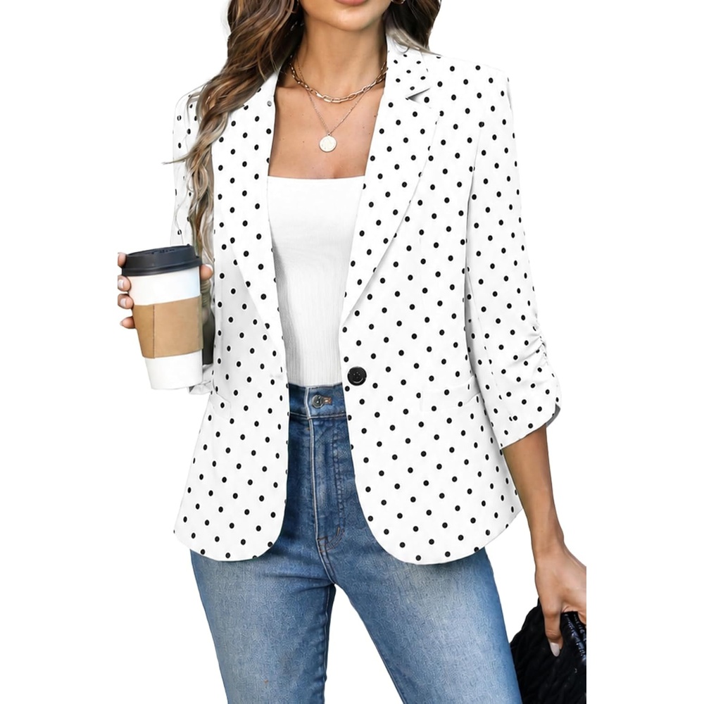 image:imageELLEVEN Womens Ruched 34 Sleeve Blazers Lightweight Slim Fit Jackets with Padded Shoulder for Business CasualWhiteBlack Polka Dot