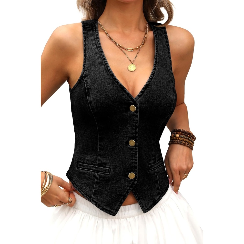 image:imageELLEVEN Womens Summer Cropped Denim Vest High Stretch VNeck Western Country Style Jean Vest with Faux PocketsBlack Denim