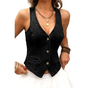 ELLEVEN Women’s Summer Cropped Denim Vest, High Stretch V-Neck Western Country Style Jean Vest with Faux Pockets(Black Denim)