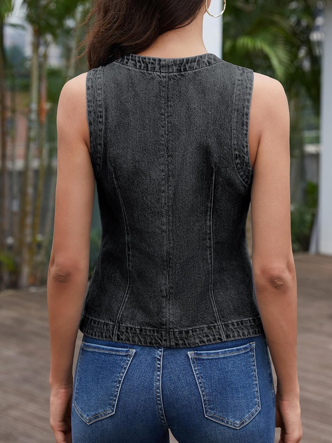 image:imageELLEVEN Womens Stretchy Crew Neck Denim Vest Summer Button Down Fitted Jean Vest Top for Women Casual Outerwear WaistcoatBlack Denim
