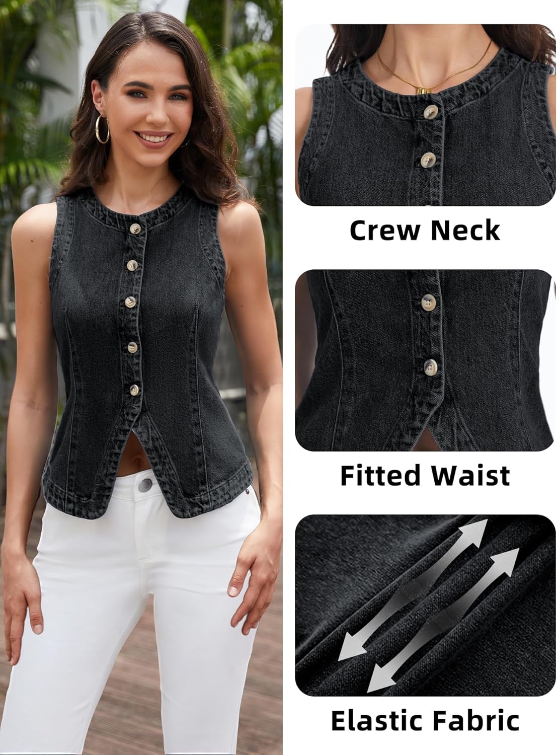 image:imageELLEVEN Womens Stretchy Crew Neck Denim Vest Summer Button Down Fitted Jean Vest Top for Women Casual Outerwear WaistcoatBlack Denim