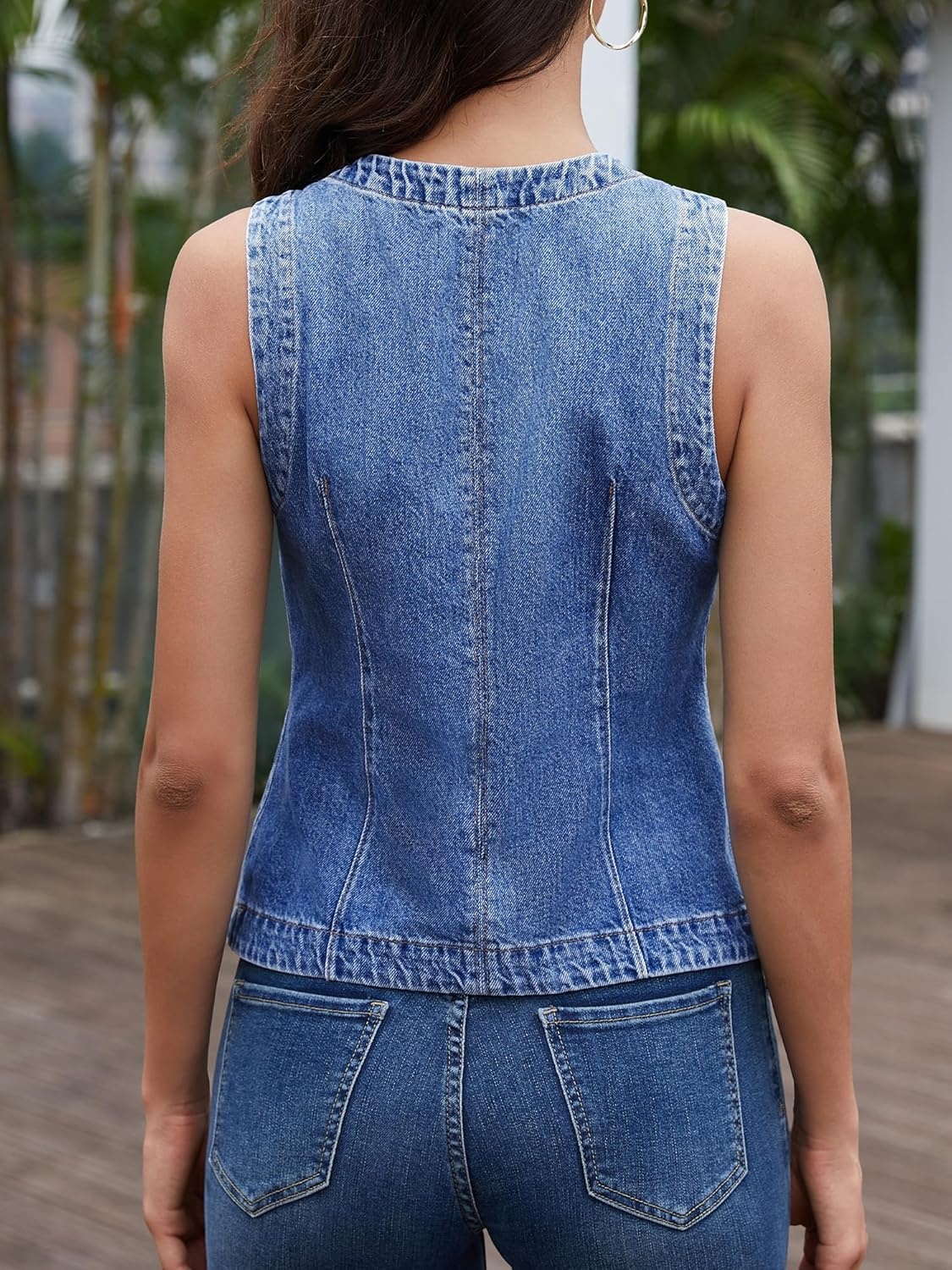 image:imageELLEVEN Womens Stretchy Crew Neck Denim Vest Summer Button Down Fitted Jean Vest Top for Women Casual Outerwear WaistcoatDark Blue Denim