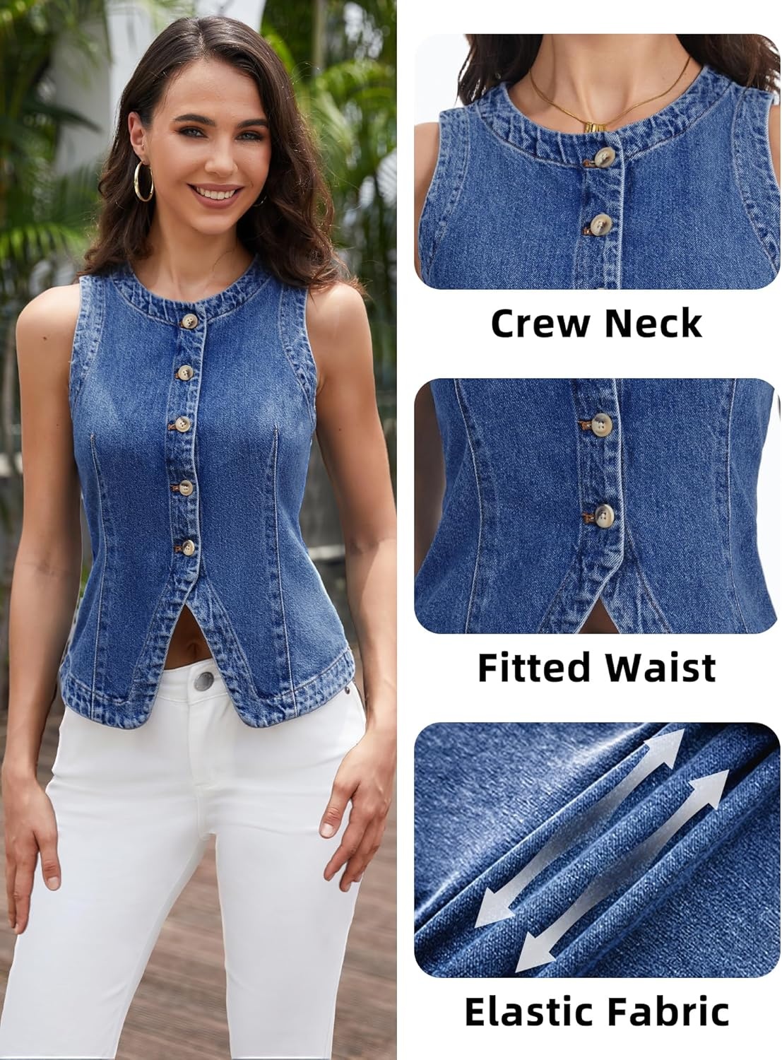 image:imageELLEVEN Womens Stretchy Crew Neck Denim Vest Summer Button Down Fitted Jean Vest Top for Women Casual Outerwear WaistcoatDark Blue Denim