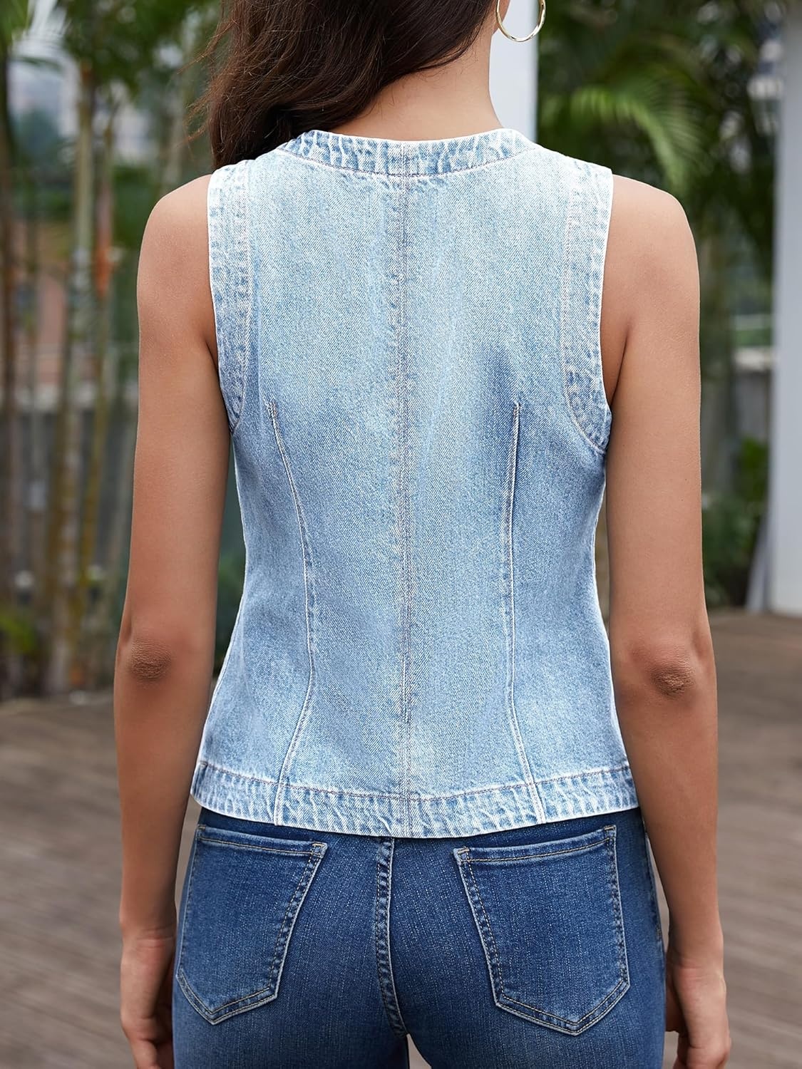 image:imageELLEVEN Womens Stretchy Crew Neck Denim Vest Summer Button Down Fitted Jean Vest Top for Women Casual Outerwear WaistcoatLight Blue Denim