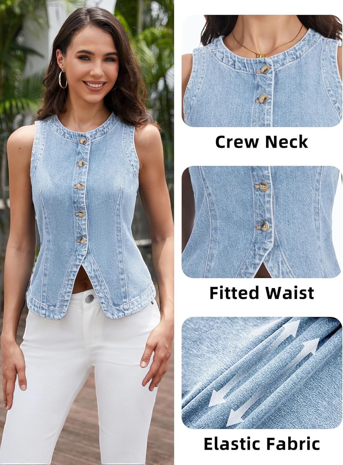 image:imageELLEVEN Womens Stretchy Crew Neck Denim Vest Summer Button Down Fitted Jean Vest Top for Women Casual Outerwear WaistcoatLight Blue Denim