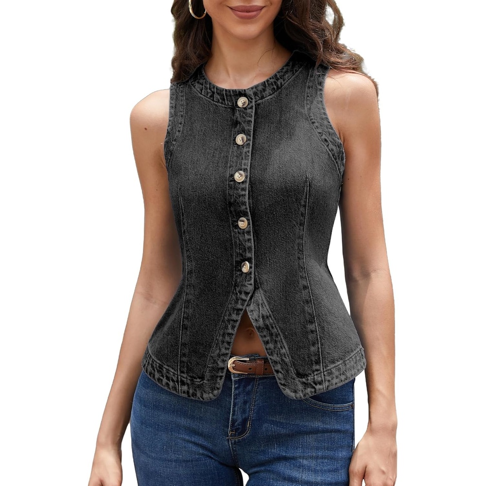 image:imageELLEVEN Womens Stretchy Crew Neck Denim Vest Summer Button Down Fitted Jean Vest Top for Women Casual Outerwear WaistcoatBlack Denim