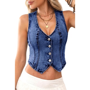ELLEVEN V-Neck Cropped Denim Vest for Women,High Stretch Slim Fit Western Country Concert Cowgirl Jean Vest Top(Dark Blue Denim)